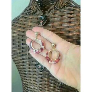 Red pink Marbled Pattern Hoop Earrings With Gold Ball Accent